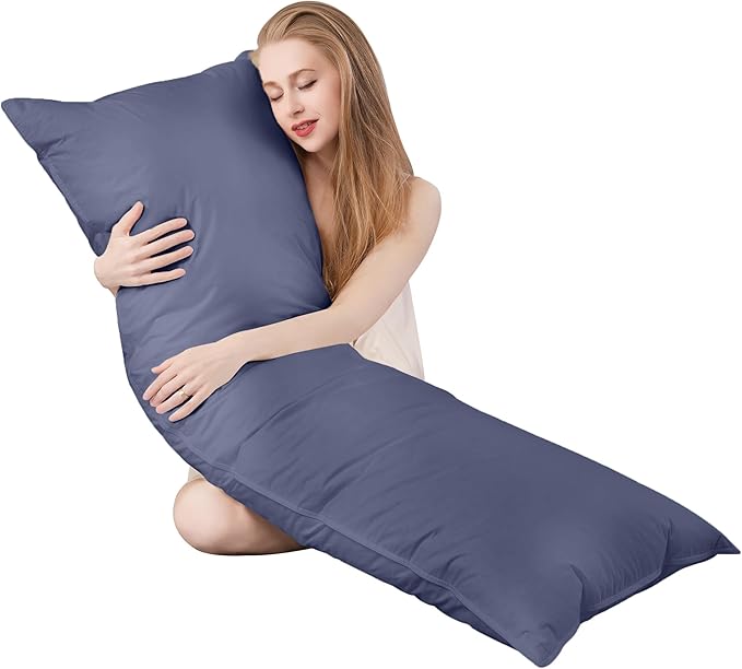 Goose Down Body Pillow for Side Sleeper, Long Body Pillows for Adults, Large Hugging Feather Body Pillow Insert, Cooling Full Length Pillow for Bed with 100% Organic Cotton Shell, Navy Blue 20"x72"