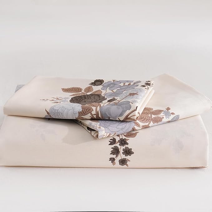 Cream Floral Duvet Cover King Size - 100% Cotton Comforter Cover Elegant Flower Botanical Duvet Cover Sets 3-PC, Breathable Duvet Cover with Zipper Closure & Corner Ties