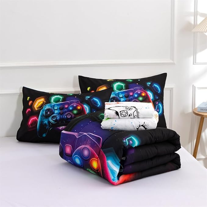 NTBED Game Console Comforter Set for Boys Girls Kids Space Universe Gaming Geometric Lightweight Microfiber Gamer Bedding Sets (Multi, Twin 5Pcs)