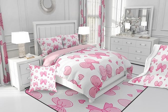 jejeloiu Pink Bowknot Comforter Set Twin Size Cartoon Bow Bedding Set for Kids Boys Girls Cute Love Heart Duvet Quilt White Pink Bedroom Decor Microfiber 2 Pcs with 1 Pillow Cases