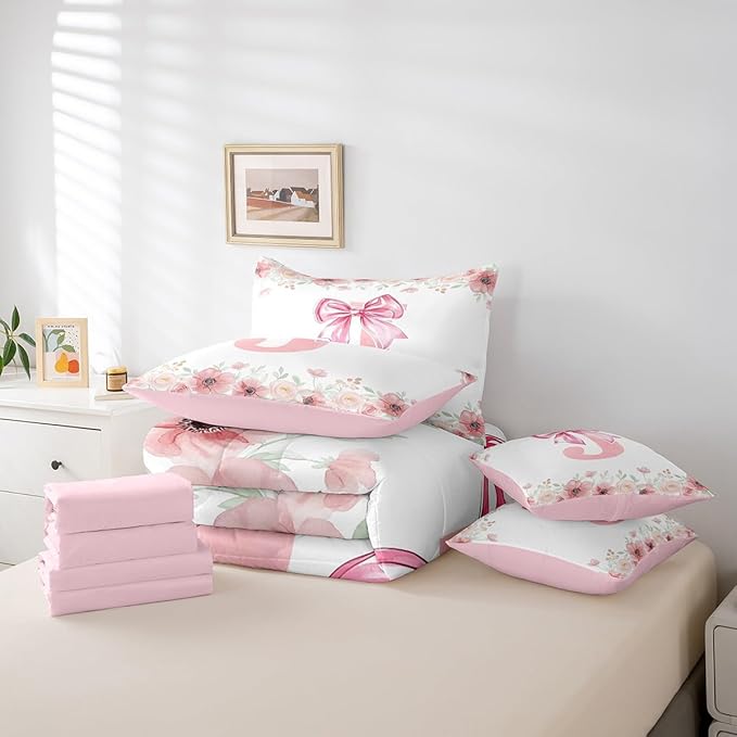 Erosebridal Pink Bowknot Queen Bedding Sets for Girls,Initial Letter J Bed in A Bag for Kids Teen Women Room Decor, Romantic Flower Floral Bed Set Bedroom Decor Queen Size 7-Piece
