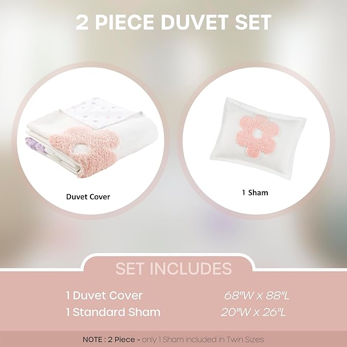 Intelligent Design Kids Twin Duvet Cover Set for Girls, Tufted Chenille Floral Duvet Set Twin, Lightweight Polka Dot Duvet Reversible Bedding Cover, Sham, Pillow, Gracie, Twin White/Purple 3 Piece