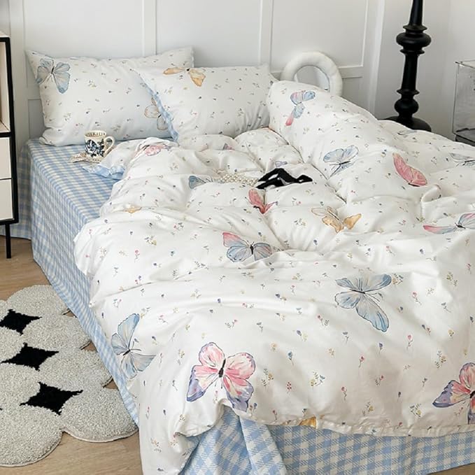 Butterfly Duvet Cover Full Size Blue White Gingham Bedding Set 3 Pcs Kids Boys Girls Striped Spring Floral Butterflies Comforter Cover with Zipper Closure & Corner Ties