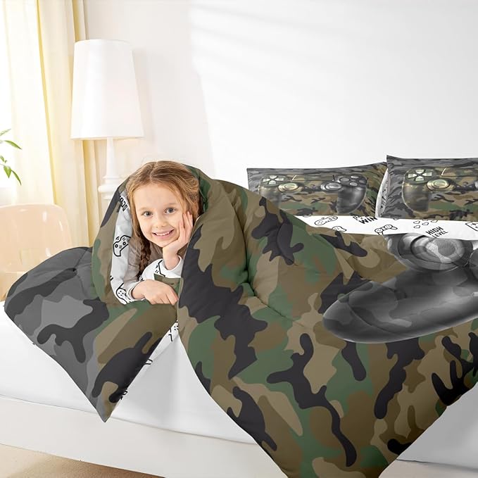 Feelyou Kids Gamer Comforter Set Camouflage Gaming Bedding Set for Boys Teens Bedroom Green Black Camo Video Game Decor Comforter Gamer Console Quilt Set Toddler Size Duvet Quilted 2Pcs