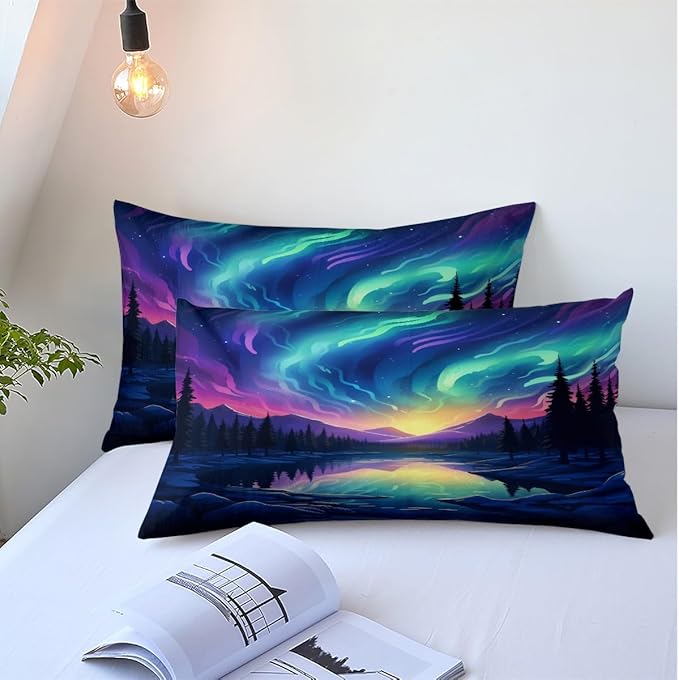 Aurora Duvet Cover Set Twin Colorful Aurora Printed Astronomical Nature Landscape Soft Bedding Comforter Cover and 2 Pillow Shams for Boys Girls Kids Teens