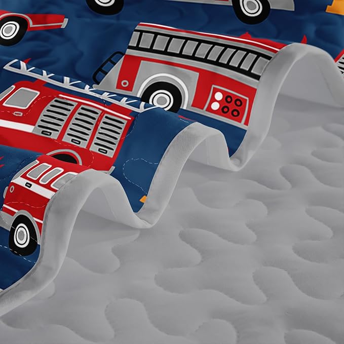 QOOMO Fire Truck Quilt Set King Size,Fire Truck Bedspread Coverlet Set,Truck 3Pcs Bedding Set Printed Quilt with 2 Pillowcases,Soft and Lightweight,for All Seasons