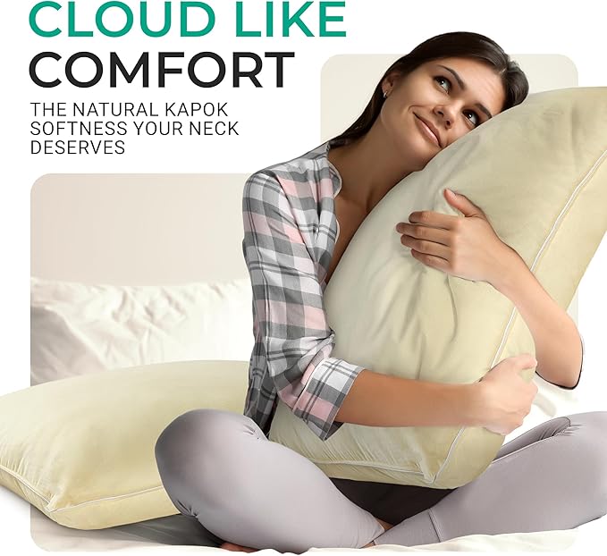 Cheer Collection Set of 2 Organic Kapok Bed Pillows, Natural Kapok Fiber Filled Sleeping Pillows with Breathable Cotton Shell, Standard Size, 20 x 28 inches