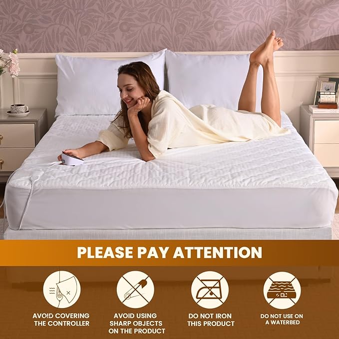 Bearhug Electric Heated Mattress Pads Full Size 54”×75” Waterproof Bed Warmer 21” Deep Pocket 10 Heat Levels 10 Heat Settings 12-Hour Timer Machine Washable White