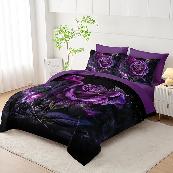 Rose Comforter Set 7 Piece King Size Bed in A Bag,Flowers Bedding for Room Decor,Soft Rose Bedding with Fitted Sheet,Flat Sheet, Pillowcases & Shams