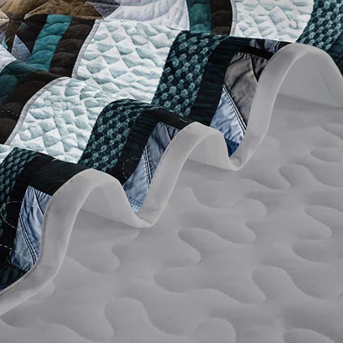 QOOMO Boho Quilt Set Twin Size,Bohemia Bedspread Coverlet Set,Blue Boho 3Pcs Bedding Set Printed Quilt with 2 Pillowcases,Soft and Lightweight,for All Seasons