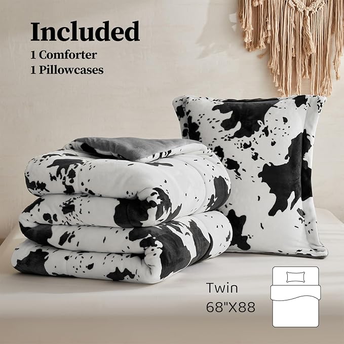 Petrichor Velvet Flannel Twin Comforter Set-Cow Print Western Style Blanket,Luxury Fuzzy Heavy Bedding Set, 2 Pieces Plush Winter Bed Set with Comforter (68"x88") & 1 Pillow Shams (20"x26")