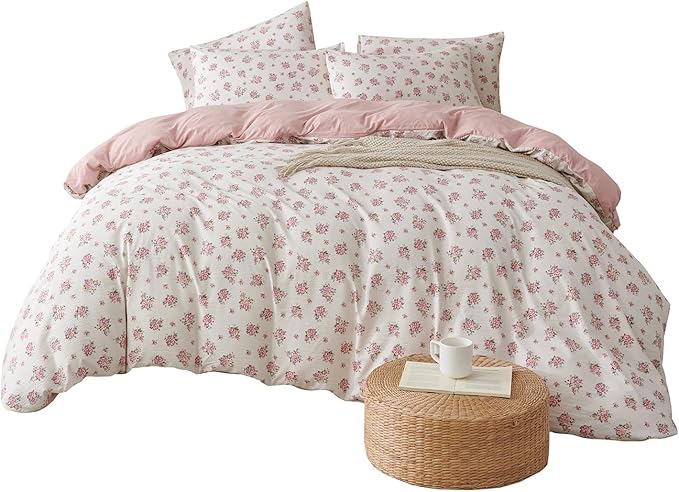 Queen Duvet Cover Set Floral Luxury Soft Brushed Microfiber Crinkle Gauze Fabric 3 Pieces Bedding Set Flower Pattern Queen Duvet Cover with Zipper Closure Breathable Comfy