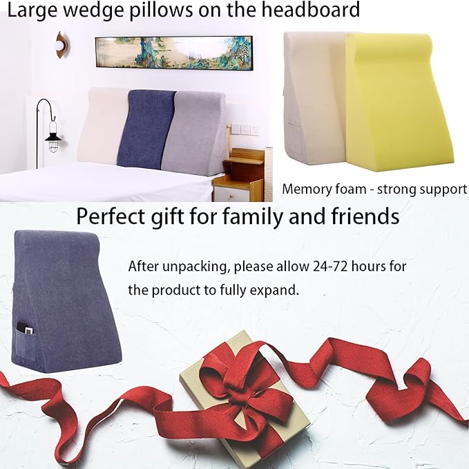 Bed Reading Pillow - Sofa Bed Wedge Pillow - Post-Op Recovery Backrest Pillow - Working Lumbar Support Reading Pillow with Removable Pillowcase Light Grey 27x20x12in