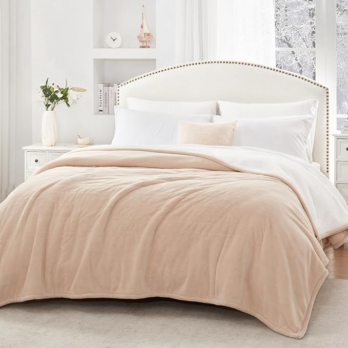 SEALY Electric Blanket King Size, Flannel & Sherpa Heated Blanket with 10 Heating Levels & 1-12 Hours Auto Shut Off, Fast Heating Warming Blanket, Machine Washable, Beige, 100 x 90 Inch