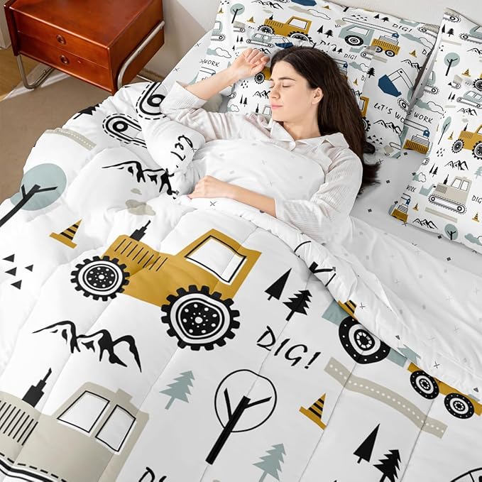 Feelyou Cartoon Car Kids Comforter Set with Sheets 7 Piece Queen Size Construction Bedding Set Boys Decor Equipment Trucks Bed in a Bag Excavator Tractor White Yellow Bed Set Bedroom