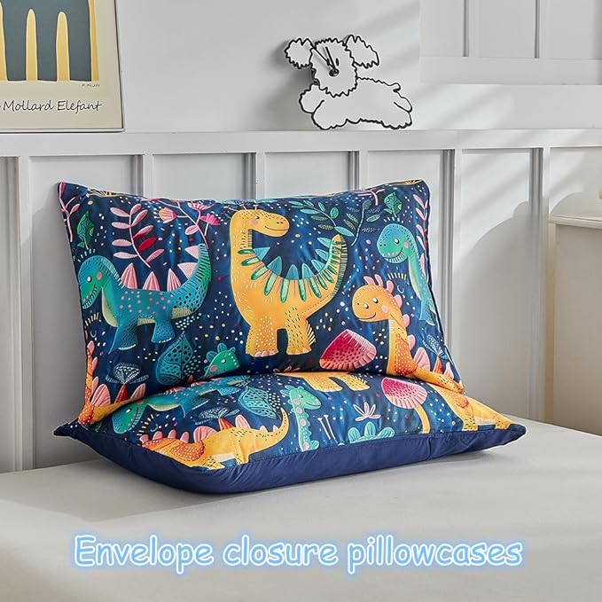 Kids Twin Comforter Set for Boys and Girls, 3pcs Dinosaur Comforter with 2 Pillowcases, Floral Dino Twin Bedding Set for Kids Teens Washable Super Soft Microfiber for All Season, Blue
