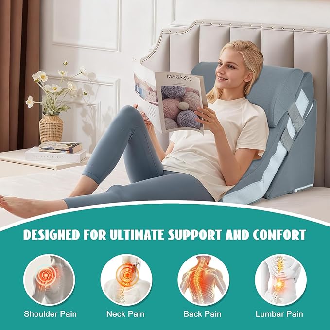 3PCS Wedge Pillow Set for After Surgery, Wedge Pillow for Acid Reflux Relief, Adjustable 9&12inch for Headboard, Orthopedic Memory Foam for Neck&Back Support,Grey