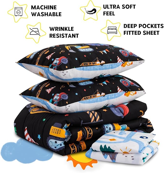 Holawakaka Trucks Tractors Cars Boy Bedding Comforter Set with Sheets, Twin Size Cartoon Construction Car Excavator Print Kids Bed in A Bag 5-Piece, Boys Reversible Dorm Bed Sets (Black Twin)