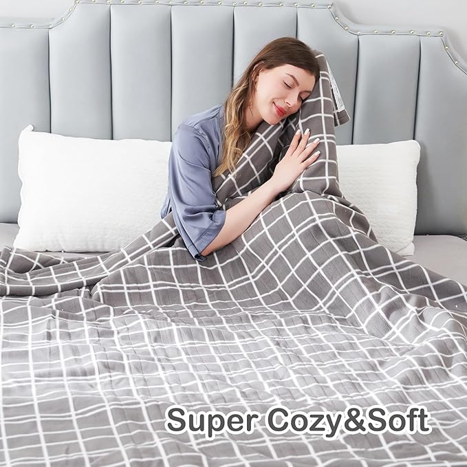 Electric Heated Blanket Queen Size 84"x90", 4 Heating Levels & 10H Auto Shut Off, Dual-Control, Soft Fleece, Machine Washable, Light Gray Plaid