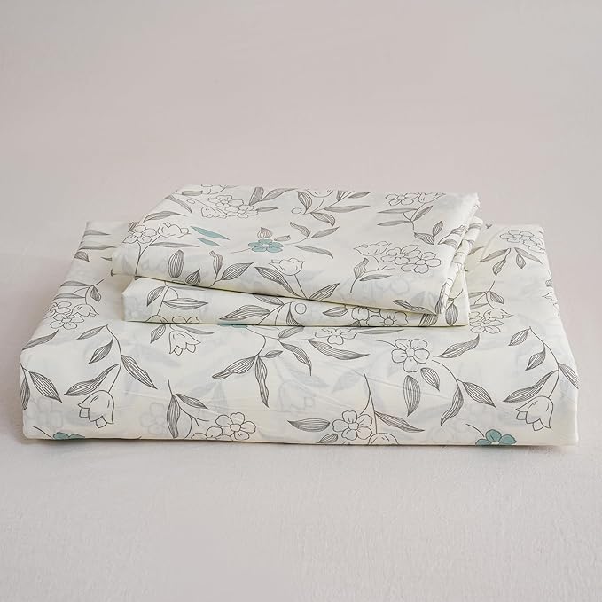 100% Cotton Floral Duvet Cover Set King Size Ultra Soft Breathable Blue Floral Grey Leaves Bedding Set for Women with Zipper Closure 3 Pcs Chic Reversible Duvet Cover for All Season