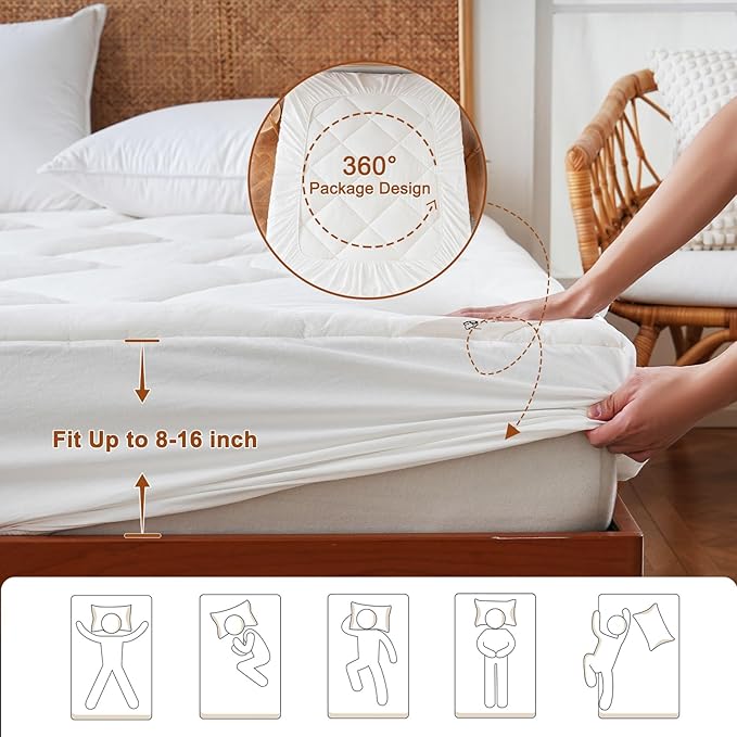YOUR MOON Natural Wool Mattress Pad Twin XL – 500GSM Organic Australian Wool Mattress Topper, Quilted Fitted Mattress Bed Cover with 16" Deep Pocket, Hypoallergenic Cotton Cover (White)