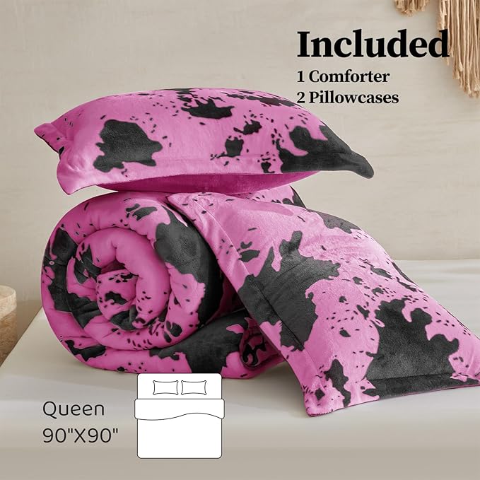 Petrichor Velvet Flannel Queen Comforter Set-Cow Print Western Style Blanket,Luxury Fuzzy Heavy Bedding Set, 3 Pieces Plush Winter Bed Set with Comforter (90"x90") & 2 Pillow Shams (20"x26")