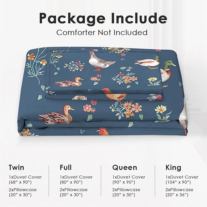 Chicken Duck Goose Theme 3 Pieces Duvet Cover Comforter Set with 2 Pillowcase Queen Size Farm Animal Bed Sheet Quilt Bedroom Bedding for Lover Kids