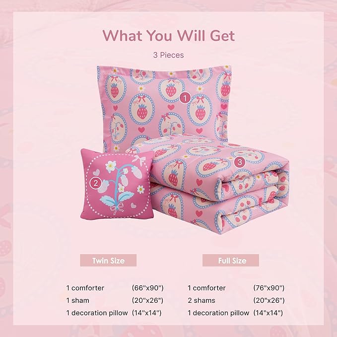Twin Comforter Set for Girls-3 Pieces Pink Strawberry Twin Bedding Sets for Kids,1 Comforter,1 Sham and 1 Decor Pillow