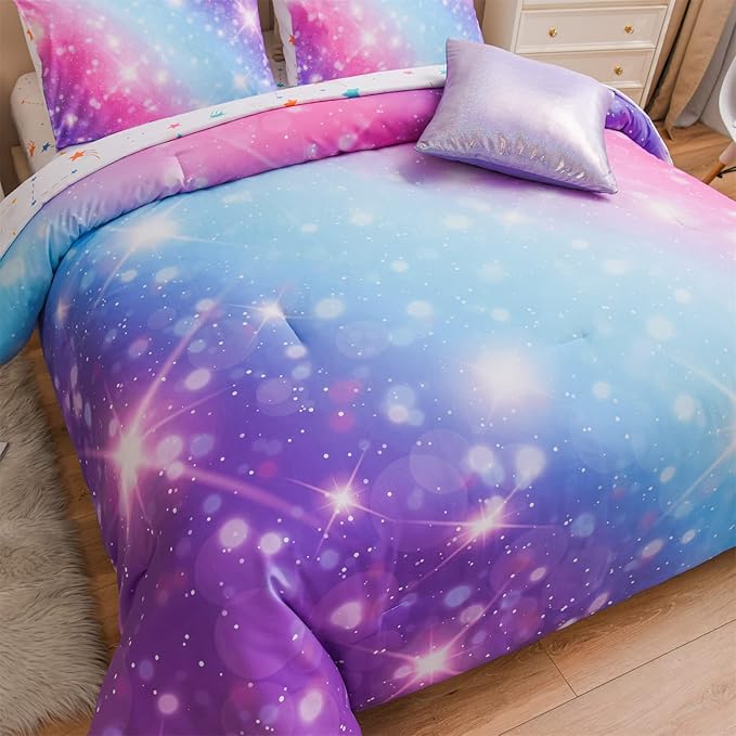 A Nice Night 6Pcs Gradient Glitter Bedding Set for Girls Twin Size, Colorful Rainbow Galaxy Comforter Set, Ultra Soft Bedding Sets, Purple