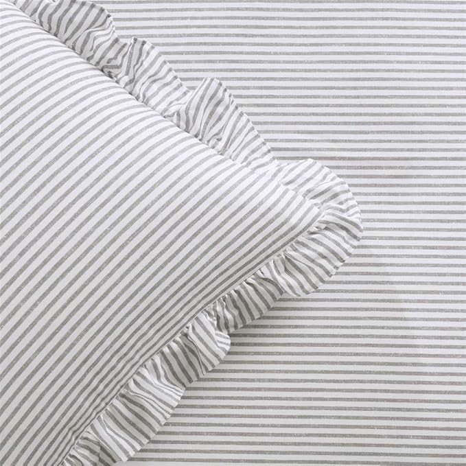 Lush Decor Ticking Stripe Bedspread King Size 3 Piece Set Gray - Ruffle Bedding Set King Bedspreads - Striped Bedding - Farmhouse & Coquette Decor