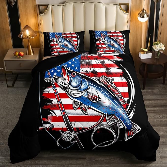 Feelyou Farmhouse Fishing Bedding Set Queen Size Bass Fish American Flag Comforter Set for Kids Boys Girls Teens Fishing Lover Room Wild Pike Fish Decor Comforter Red Blue Stripe Quilted 3Pcs