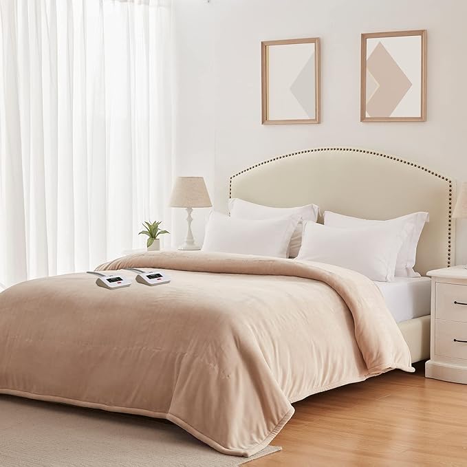 Sealy Electric Blanket King Size, Flannel Heated Blanket with10 Heating Levels & Auto Shut Off, Machine Washable, Beige, 100 x 90 Inch