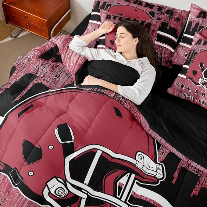 Erosebridal Kids Football Bed in A Bag Gridiron Sports Bedding Set Full,Brick Red Sports Helmet Comforter Sets with Sheets Rugby City Seasonal Color 7 Pieces Bed Set Bedroom Decor
