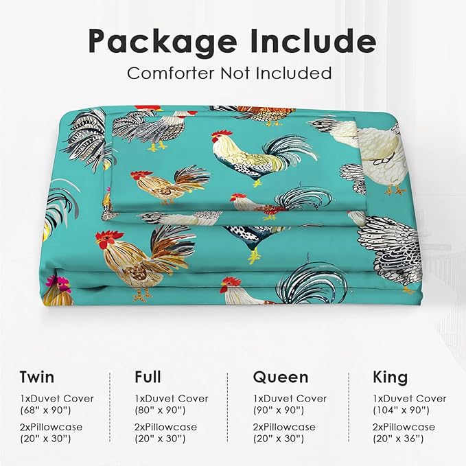 Farmhouse Chicken Theme 3 Pieces Duvet Cover Comforter Set with 2 Pillowcase Twin Size Farm Rooster Bed Sheet Quilt Bedroom Bedding for Lover Kids