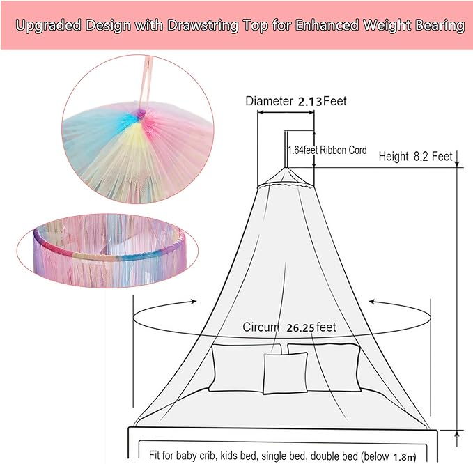 Eimilaly Princess Rainbow Bed Canopy with 250pcs Warm White Curtain Lights, Bed Canopy for Girls Room Decor or Unicorn Theme Party