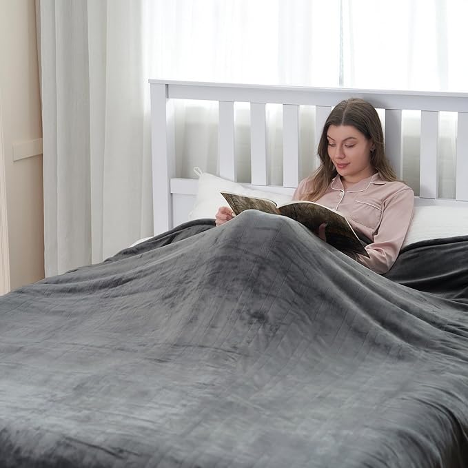 Heated Electric Blanket 62"x84" Twin Size Thickened Flannel and Sherpa with 6 Heating Levels & 10 Hours Auto-Off Overheating Protection-Light Gray