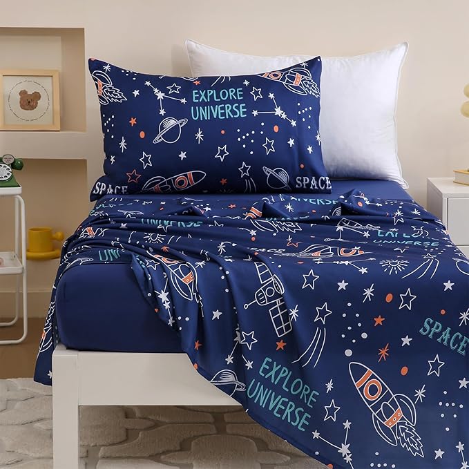 Toddler Comforter Set for Kids, Boys, Girls, 4 Pieces Bed-in-a-Bag Bedding Set, All Season Ultra Soft Sheets Set with Comforter, Space Rocket