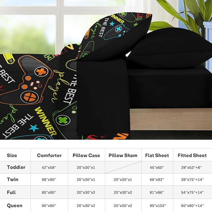 Nesker 7 Pcs Comforter Set Full Size, Colorful Bedding for Kids Teen, Game Gamepad Gaming with Fitted Sheet 2 Pillowcases & 2 Shams for Bedroom Bed Decor