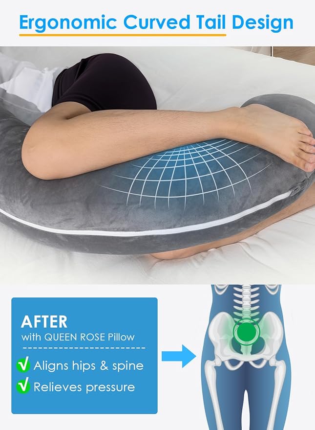QUEEN ROSE Body Pillow for Side Sleepers, Shredded Memory Foam Full Body Support, Firm Comfort, Soft Hug Pillow, Dark Grey