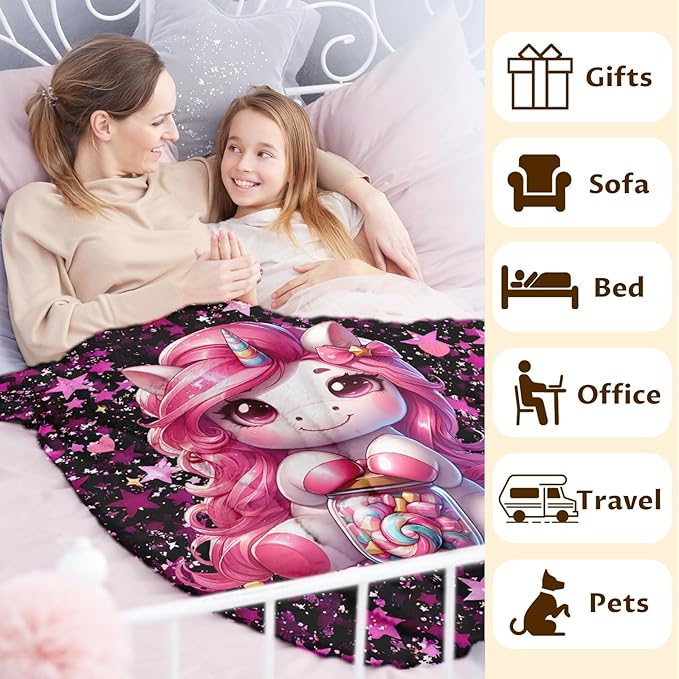 Unicorn Blanket for Kids Girls Blankets for Gift, Pink Cozy Lightweight 40 x 30 Inches Flannel Throws for Bed Travel Sofa Living Room Decor