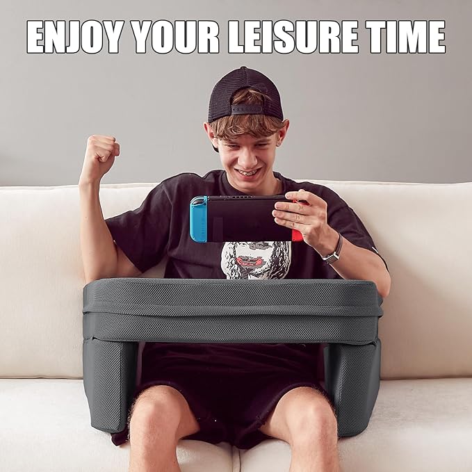 Lap Desk for Laptop, Reading Pillow for Adult, Memory Foam Gaming Pillow with Cup Holder, Arm Rest Couch Pillow for Working, Gaming, Reading, Laptop Desk for Couch Bed Floor(Grey)
