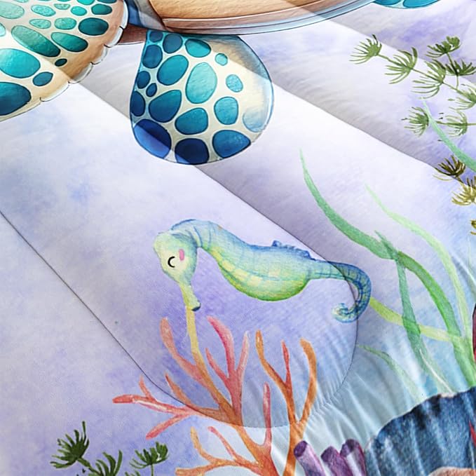 Turtle Bedding Set 3pcs Twin Ocean Life Shell Comforter Set Kid Fish Crab Bedding Set for Boy Girl Watercolor Tortoise Seaweed Theme Pattern Quilt Bed Set with 1 Comforter and 2 Pillowcases