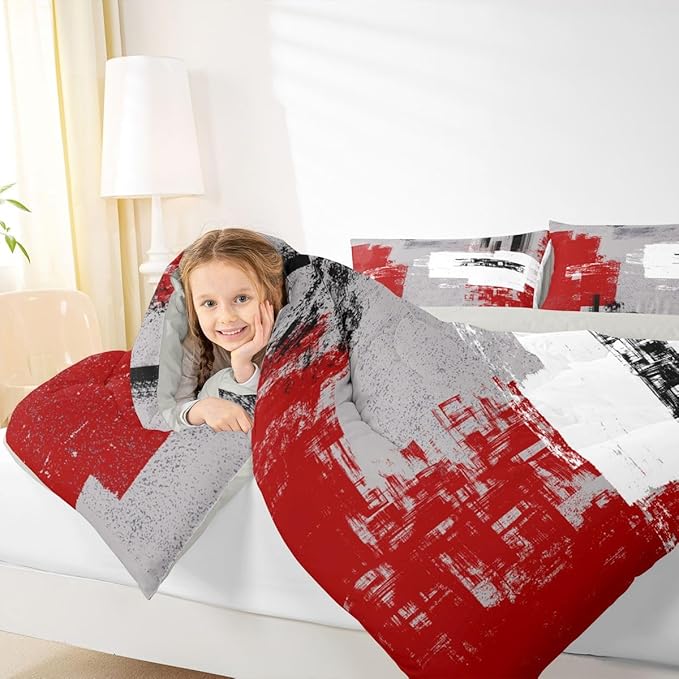 Feelyou Abstract Bedding Set Comforter Set for Kids Boys Children Modern Abstract Art Comforter Ultra Soft Decor Red Grey White Duvet Set King Size