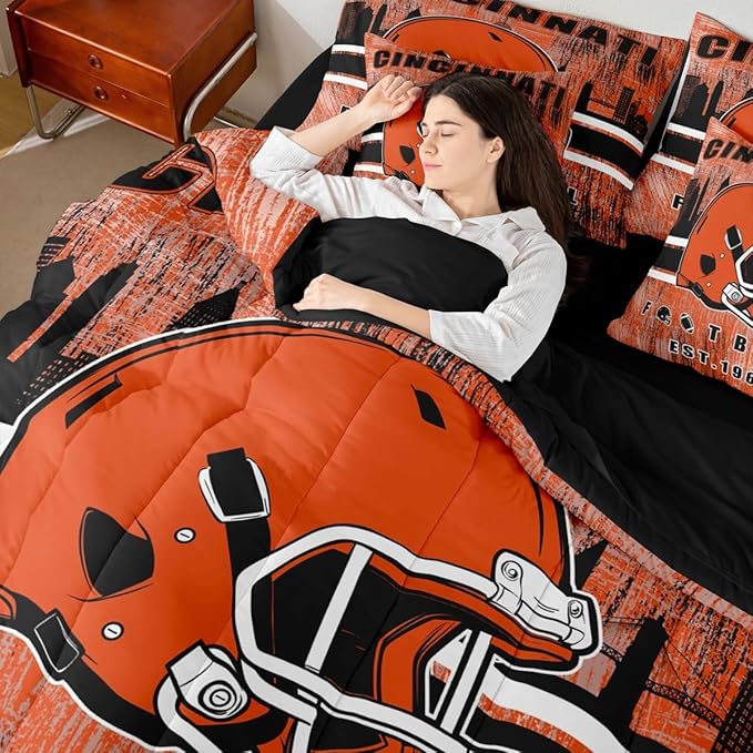 Erosebridal 7Pcs Gridiron Bed in A Bag Full Size Cincinnati Bedding Set Sports Room Decor for Men Women Football City Sports Decor Comforter Sets with Sheets Retro Watercolor Grunge Rugby Bed Set