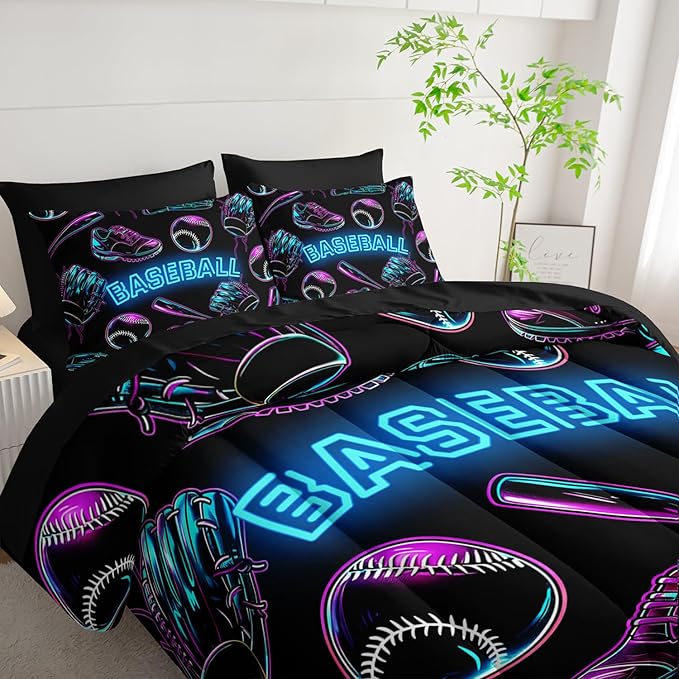 Baseball Sports Comforter Set 7Pcs Sneaker Baseball Bat Gloves Bedding Set for Kid Teen Girl Boy Adult Sports Games Shoes Quilt Bed Decor Queen with 2 Sheets,2 Pillowcases,2 Throw Pillow Covers