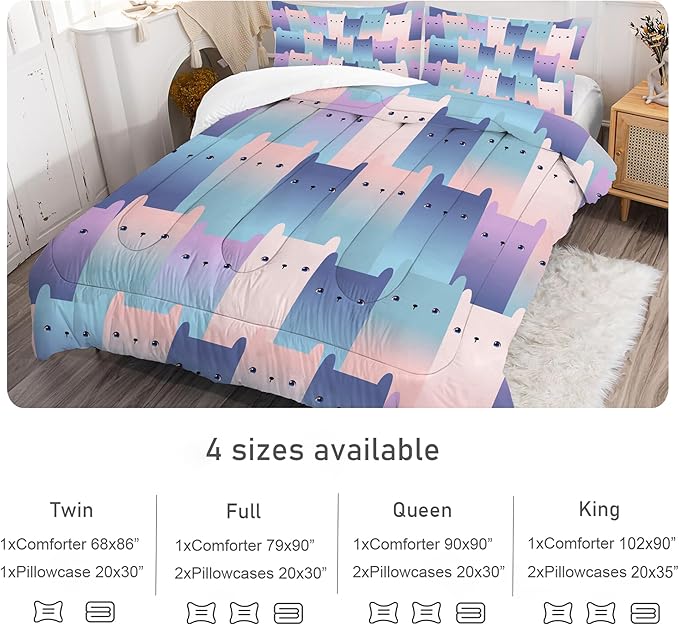 Cat Comforter Set Queen: Cute Gradient Cats Bedding Set for Women Tween Girls Adult Kawaii Kitten Quilts 3 Piece Pet Animal Print Bed Sets 1 Comforter & 2 Pillowcases