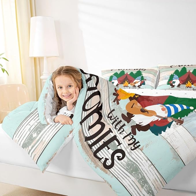 Feelyou Camper Bedding Set Full Kids Cute Gnome Happy Camping Comforter Set for Girls Boys Cartoon Gnomies Farmhouse Comforter Soft Cozy Quilt Rustic Room Decor Comforter Boys