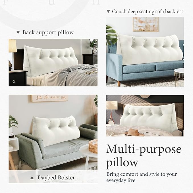 Headboard Wedge Pillow Large Reading Pillow Twin Size Bed Rest Back Support Pillow for Sitting up in Bed Daybed Couch Backrest Cushion Velvet Off-White