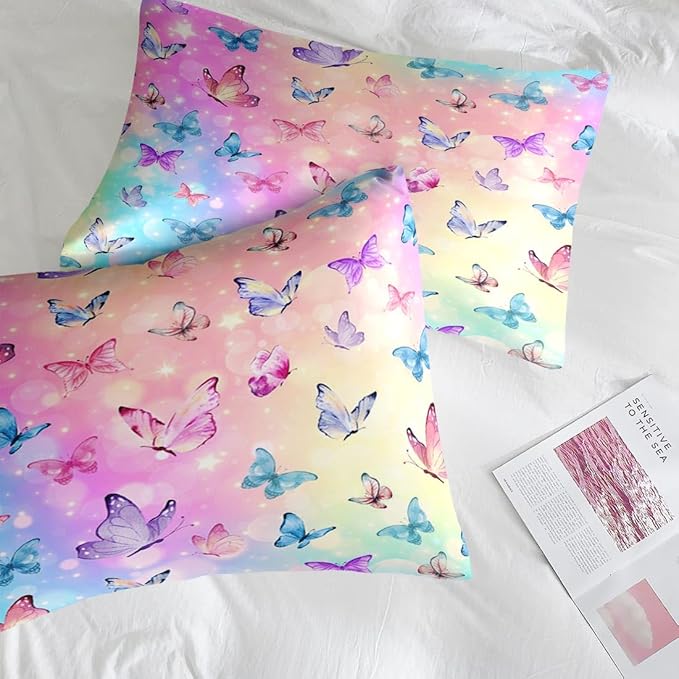 Comforter Set Queen Size, Pink Blue Butterfly 7 Pcs Bedding for Kids and Adults, Purple Colorful Rainbow Bed Sheet Sets with Fitted Sheet 2 Pillowcases & 2 Shams for Bedroom Bed Decor