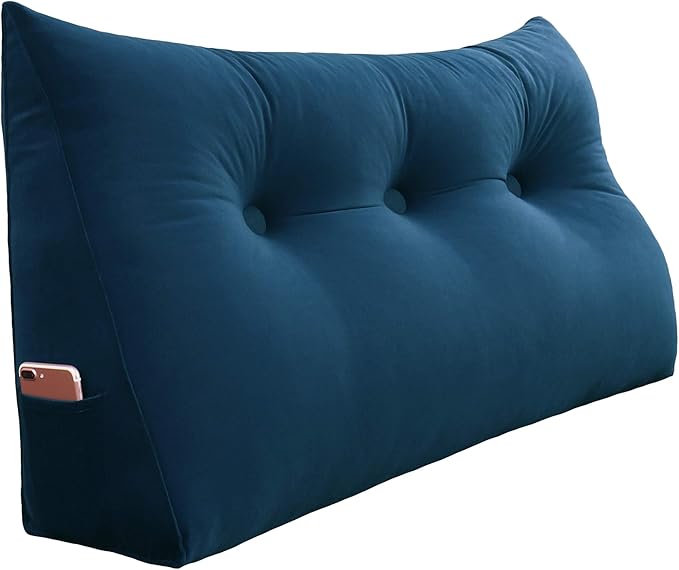 WOWMAX 100% Cotton Velvet Headboard Pillow – Twin Size Wedge Back Support Reading Bolster for Bed & Daybed, Handmade Firm Support Cushion with Removable Cover, Soft Luxury Bed Rest Pillow, Deep Blue